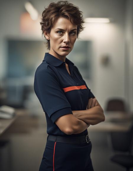 upper body of a beautifull athletic woman, short messy hair, wearing a spf1uniform, spf1polo, (dynamic pose), at office, night, dynamic shadow, bokeh, sharp focus, by lee jeffries, nikon d850, film stock photograph ,4 kodak portra 400 ,camera f1.6 lens ,rich colors ,hyper realistic ,lifelike texture, dramatic lighting , cinestill 800,