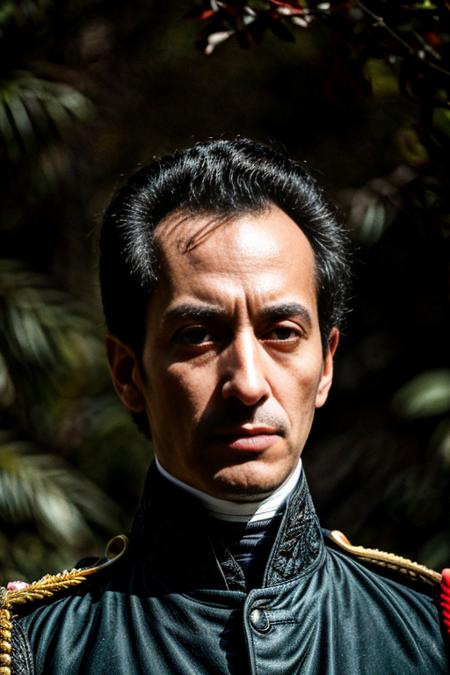 RAW photo, a portrait photo o  <lora:simonbolivar-08:0.7> simonbolivar  (best quality, masterpiece, ultra-detailed:1.2), 1boy ,solo,looking at viewer, black hair  <lora:more_details:1> ( sharp:1.2) ,(with a passage of plain and green nature in the background:1.1) , (anime style:1.3),  8k uhd, high quality, film grain, Fujifilm XT3