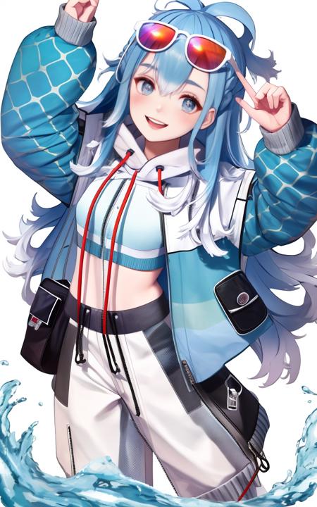 (best quality), (masterpiece), [soft lighting], absurdres, 8k, looking at viewer, (character focus:1.3), 
1girl, kobo kanaeru, solo, virtual youtuber, blue eyes, long hair, blue hair, sunglasses, sleeves past wrists, multicolored hair, eyewear hang, smile, open mouth, pants, hood, white background, looking at viewer, sleeves past fingers, tinted eyewear, white pants, navel, eyewear removed, midriff, crop top, cropped hoodie, simple background, bangs, long sleeves, jacket, water, drawstring, hoodie, liquid hair, red-tinted eyewear, arm up, see-through, white hair, cropped jacket, white jacket,
<lora:KoboKanaeru:0.85>
 <lora:GoodHands-vanilla:1>