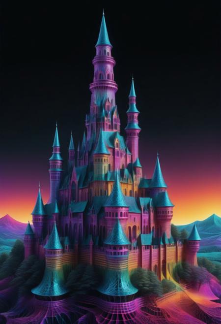fractangles, made out of fractangles, ultra-realistic, ultra-detailed, bold outlines, tower, medieval, fantasy, black background