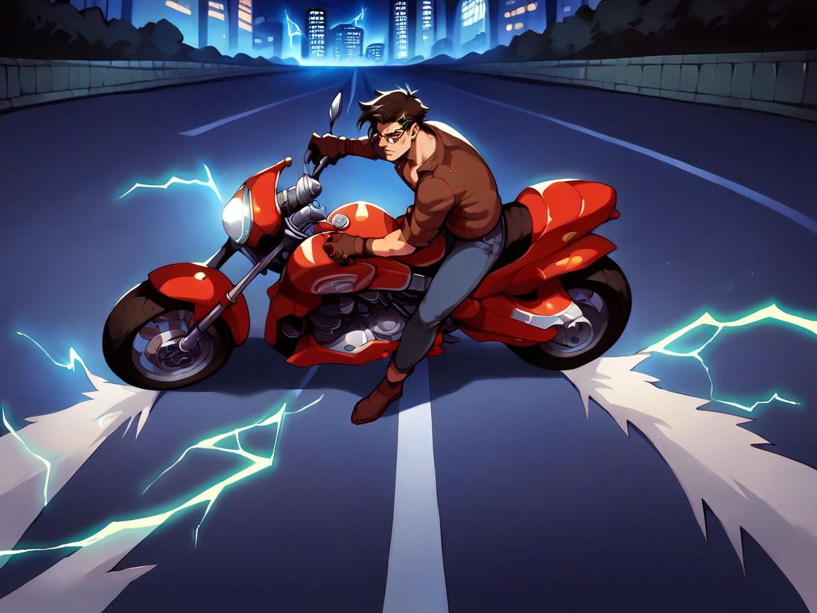 score_9, score_8_up, score_7_up, score_6_up, score_5_up,  <lora:AkiraslideXLP2:0.6> akira slide, motorcycle, motor vehicle, ground vehicle, road, solo, city, electricity, night, street, lightning, motorcycle, motorcycle