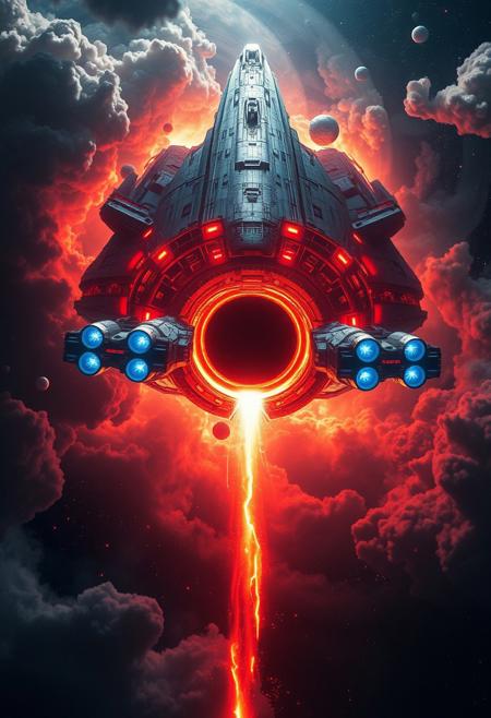 massive starship, glowing black hole, cosmic vortex, blue engine thrusters, interstellar travel, space exploration, futuristic spacecraft, luminous clouds, celestial bodies, dramatic lighting, science fiction, deep space, cosmic wonder, high detail, cinematic style,  moody, digital painting, relentless passage of time, fiery reds, boundary of perception, ethereal beauty, reflective brilliance, enhanced textures and contours, otherworldly allure, transparent pathway