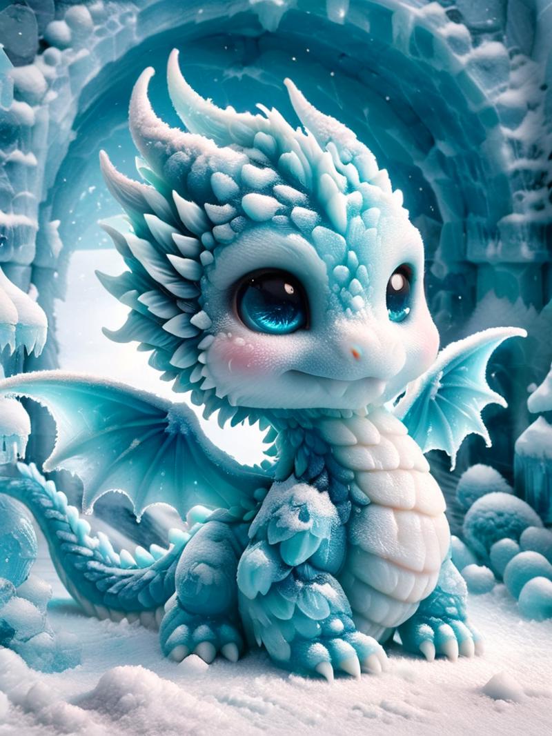 A cute blue and white dragon figurine standing in the snow.