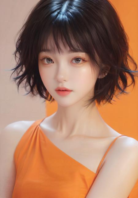 1girl,realistic,ukl,solo,bust,black hair,1girl,hair with bangs,black long dress,orange background,(Masterpiece, high quality, best quality, official art, beauty and aesthetics:1.2),mature_female,