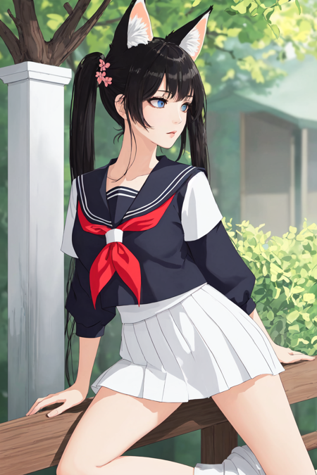 (masterpiece, top quality, best quality, official art, beautiful and aesthetic:1.2), (1girl:1.3), extreme detailed, colorful, highest detailed, ((ultra-detailed)), (highly detailed CG illustration), ((an extremely delicate and beautiful)), solo, outdoors, sibuya/, (tokyo/), standing, black hair, long twintails, blue eyes, large breasts, (serafuku:1.5), spread legs, realistic, fox ears, animal ears, kitsune tail