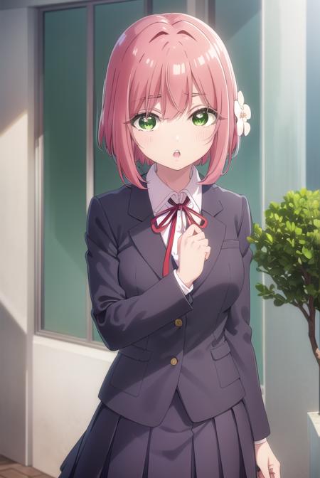 hakarihanazono, <lyco:hakarihanazono-lyco-nochekaiser:0.8>,
hakari hanazono, short hair, hair ornament, (green eyes:1.5), pink hair, flower, hair flower, hair between eyes, sidelocks, <lora:talkmouth_U_v100:1>, open mouth,
BREAK skirt, shirt, ribbon, school uniform, blazer, white shirt, pleated skirt, collared shirt, black skirt, red ribbon, neck ribbon, 
BREAK looking at viewer,
BREAK indoors, classroom, (cowboy shot:1.5),
BREAK <lyco:GoodHands-beta2:1>, (masterpiece:1.2), best quality, high resolution, unity 8k wallpaper, (illustration:0.8), (beautiful detailed eyes:1.6), extremely detailed face, perfect lighting, extremely detailed CG, (perfect hands, perfect anatomy),