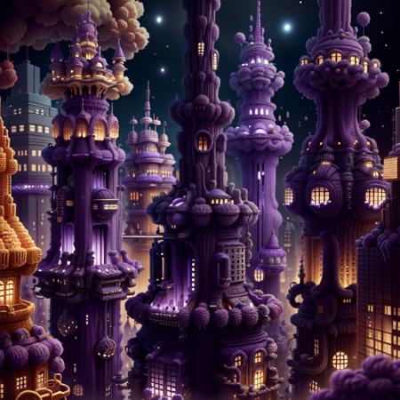 <lora:WorldofCrochet:1>, wocrochet, city with towers and buildings, purple,