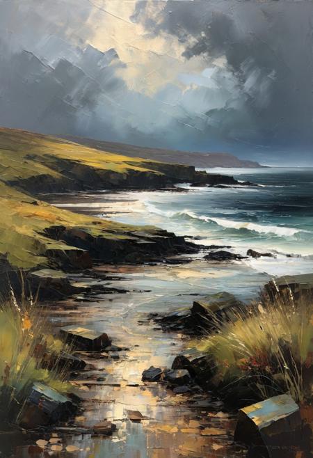 A raw, expressive scene infused with emotional intensity and gestural texture. Coastal landscapes with stormy skies or gritty urban settings—particularly Glasgow street children—are rendered with thick, impasto brushwork and earthy, moody tones. The forms are loose yet evocative, capturing fleeting light, rugged terrain, or the spirit of childhood with immediacy and tenderness. Scratched lines, layered pigments, and weathered textures give the work a tactile presence, blending realism with abstraction. The atmosphere is both intimate and turbulent, rooted in lived experience and deep empathy.