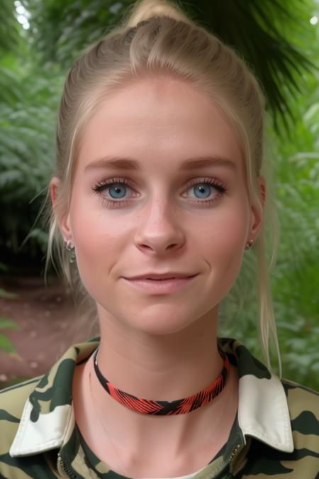 raw photo of a young woman, perfect face, perfect day, [happy to see you], surprised you are here so early, in the jungle for a research project, center frame, upper body, sharp focus, 8k uhd