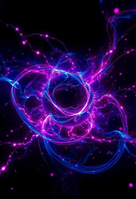 Visualize a dynamic energy field surrounding a central black sphere using vibrant blue and magenta hues. The energy is depicted as swirling currents, ribbons, and trails of light that flow around the sphere in complex patterns. Add small, glowing dots or particles throughout the scene to represent subatomic activity or energy fluctuations.  The background should be completely black, creating a high-contrast effect that emphasizes the luminous elements. Style: Abstract, energetic, futuristic - inspired by scientific visualizations of plasma physics or magnetic fields. Render with realistic lighting and shadows to create a sense of depth and dimensionality.  Aim for a visually striking image that conveys both beauty and power.