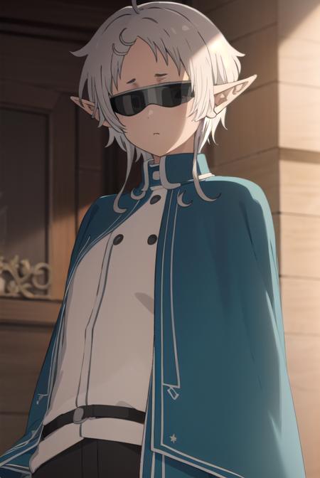 sylphy, <lora:sylphys2-lora-nochekaiser:1>, 
sylphy, short hair, ahoge, white hair, pointy ears, (sunglasses:1.5), elf,
BREAK pants, capelet, black pants, cape,
BREAK indoors, library,
BREAK looking at viewer, (cowboy shot:1.5), 
BREAK <lyco:GoodHands-beta2:1>, (masterpiece:1.2), best quality, high resolution, unity 8k wallpaper, (illustration:0.8), (beautiful detailed eyes:1.6), extremely detailed face, perfect lighting, extremely detailed CG, (perfect hands, perfect anatomy),