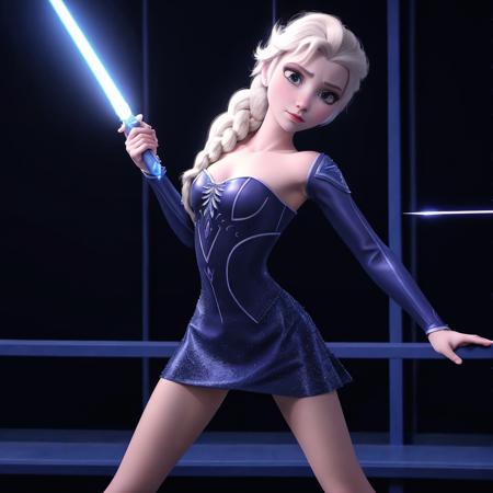 The blades of Elsa's two blue lightsabers (dual wielding)  glimmered with ultra-sharp precision, its 8K resolution showcasing the tiniest details that would be invisible to the naked eye. The negative space around her was just as captivating; intricate lines etched into the sleek surfaces of the starship's floors added depth and texture to the scene.
Elsa herself stood proudly in this futuristic setting, clad in a skimpy blue and white leather armor that highlighted every curve of her body. Her eyes blazed with intense focus as she held onto her weapon, poised to strike at any given moment. Bright lights illuminated the area around her, casting shadows across the walls and adding to the surreal atmosphere.
In this world where science fiction meets high definition technology, Elsa moved effortlessly, her movements graceful and precise. It was clear that both her skills and her equipment were truly next level, leaving no doubt that she was one of the most formidable forces in the galaxy.
<lora:weight_slider_v2:-1.3> <lora:elsa-frzn-v1.1:1.2> elsa-frzn, elsa \(frozen\), blue eyes, 1girl, long hair, solo, single braid, hair over shoulder, looking at viewer <lora:photorealistic_portrait:3> photorealistic portrait <lora:miniskirt:0.4> microminiskirt, high_heels, navel