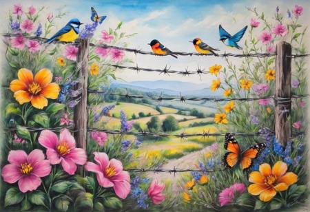 Colourful flowers, butterflies and birds emerge from between coils of barbed wire, #Pastel, #crayons on paper, #chalk shading