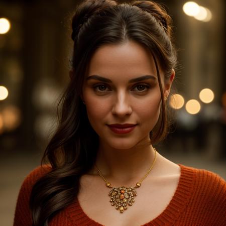 cinematic film still Title: Portrait of a Beautiful Young Woman
The image shows a young woman with long, dark hair styled in two buns. She is wearing a red sweater and a necklace with a large, ornate pendant. The woman is smiling and looking at the camera. The background is a blur of yellow and orange lights. . shallow depth of field, vignette, highly detailed, high budget, bokeh, cinemascope, moody, epic, gorgeous, film grain, grainy