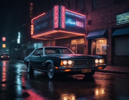 Neon noir <lora:AB ILL Vehicle:1>,Andrew Bell,car,classic, . Cyberpunk, dark, rainy streets, neon signs, high contrast, low light, vibrant, highly detailed