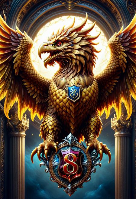 score_9,score_8_up,score_7_up,score_6_up, masterpiece,cs-l3ath3r, gryphon, shnywrld,digital art, Ambient lighting, D&D, illustration, ornate, fantastic aesthetic, professional fine composition, badge, inspired, creative