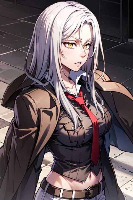 <lora:Copy of carmane-09:0.6>, long hair, solo , shirt , pants, 1girl , necktie, red necktie, jacket, white hair, gloves, yellow eyes, belt , collared shirt,  (( upper body, from side,  )), coat,  jacket on shoulders,