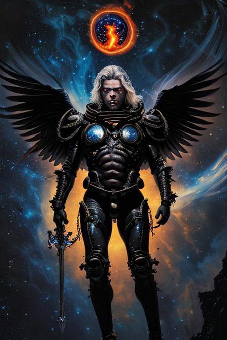 tendrils of fire and disembodied eyeballs, a flying naked young man with a flaming sword and mechanical wings flying between stars in the endless darkness of space, marble and ebony and silver, halo of silver fire, enormous, flying in space, contrasting deep shadows, stars and galaxies, dark, and elder god too big to see its entire body,