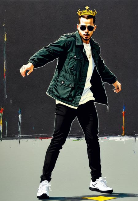 (artwork by __artists__:1.5), man, black jacket, black pants, white sneakers, sunglasses, dancing, good hands, finely detailed, textures, artwork