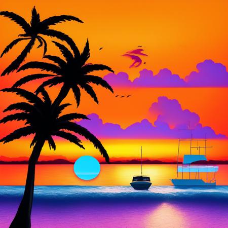 (bitboats:1) an image of a sunset with a boat and palm trees <lora:BitBoats_LoraBooth:1>