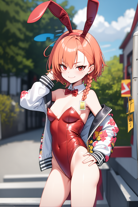 neru, red eyes, orange hair, short hair, huge ahoge, braid, single braid, stud earrings, halo sukajan, print jacket, playboy bunny, red leotard, fake animal ears, bunny ears, detached collar, red bowtie