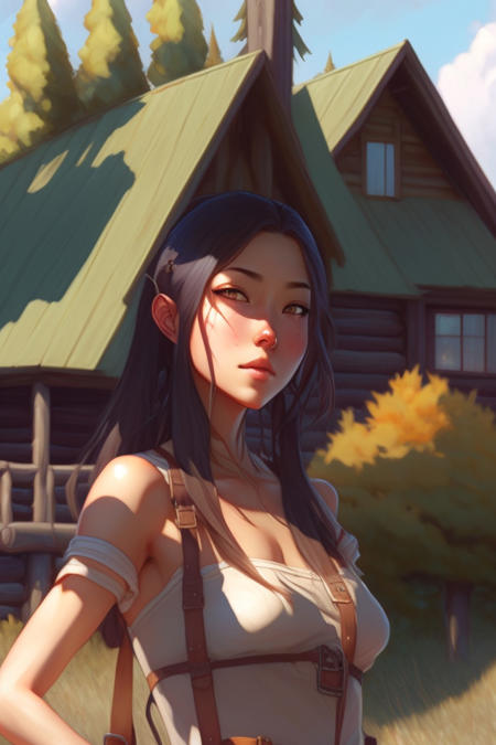 a beautiful girl In front of the cabin, the country, by Artgerm Lau and Krenz Cushart，hyperdetailed, trending on artstation, trending on deviantart