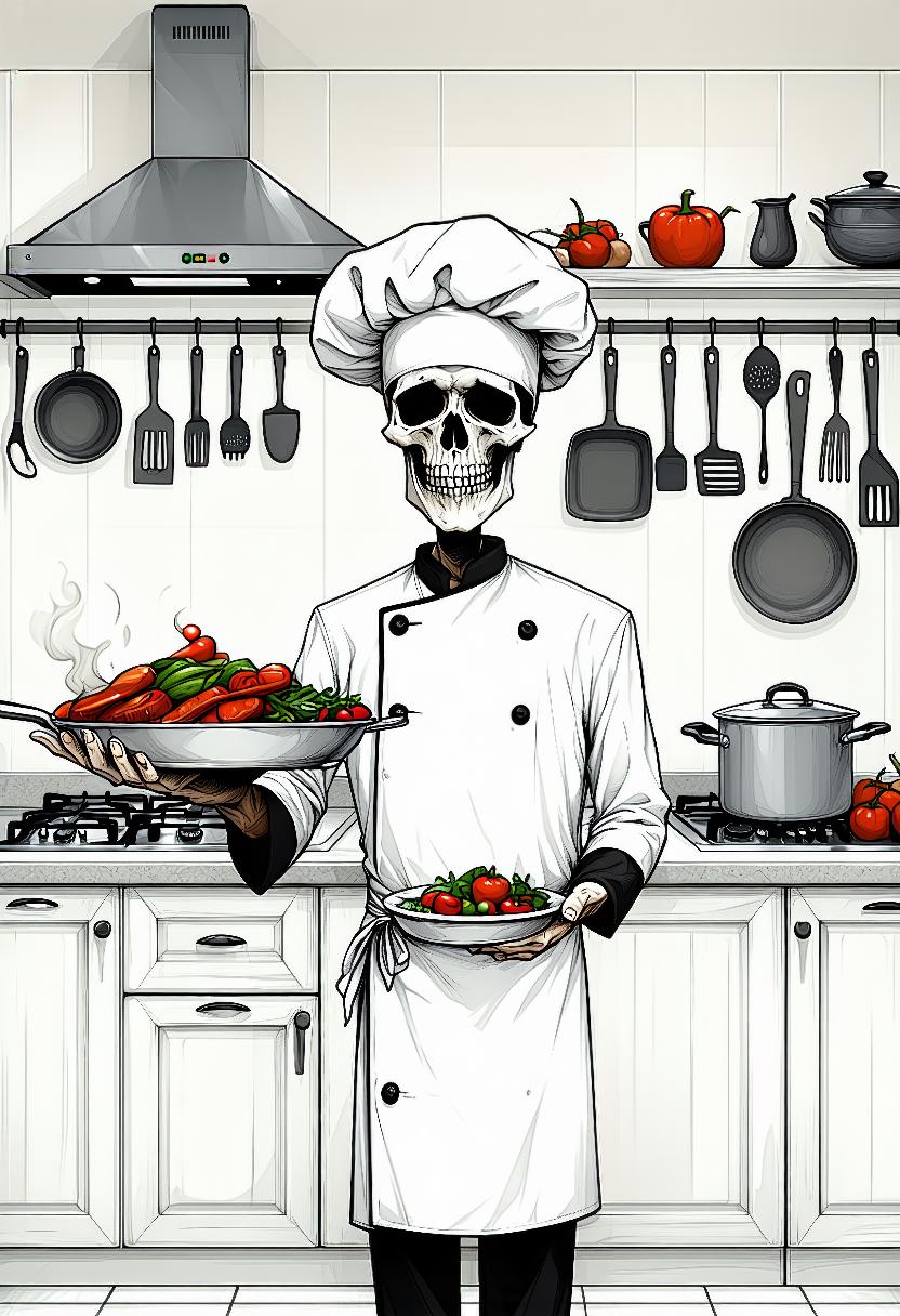 
in a black and white, semi-realistic, cartoon style, depicting a surreal, anthropomorphic chef in a modern kitchen setting, the chef, dressed in a white chef's uniform with black buttons and an apron, has a skull-like face and a large, pointy chef's hat, he is holding a tray with a plate of food that appears to consist of meat and vegetables, the kitchen is minimalist, with light-colored cabinets and shelves filled with various kitchen utensils, including pots and pans hanging from the ceiling and a range hood above the stove, the floor is tiled with a lattice pattern and various kitchen items are scattered around, including a saucepan with a lid, a frying pan with a saucepan on the stove and some kitchen tools, the overall color palette is muted, with shades of beige, white and gray, and the lighting is soft and diffused, creating a warm and cozy atmosphere, detailed drawing, with smooth lines and clear lines, typical of high-quality digital art aimed at an adult audience, with an emphasis on surrealism and surrealism in the kitchen

