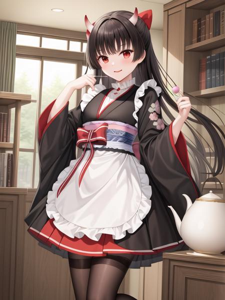 <lora:Sakawa_v2:1>japanese clothes, wide sleeves, kimono, sash, obi, wagashi, dango, maid,long hair, black hair, red eyes, long sleeves, oni horns, hair ribbon,, <lora:flatBG:-0.5> ,<lora:flat2:-0.5> ,<lora:hyperrefiner_v090:1> ,(dark light:1.2),(hyper extreme detailed),(masterpeace:0.5),(hyper extreme),(photorealistic),game cg,llustration,novel illustration,beautiful lighting,light from the front,good_hands,beautiful art ,BREAK