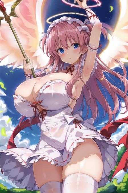 nodokaharamura, 1girl, solo, pink middle hair, huge breasts, red ribbon,
spear, white dress, maid headdress, wings, halo
 <lora:nodokaharamura:0.8>
outdoor, sky, flying,