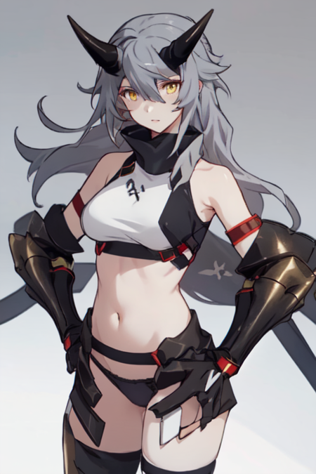 JunNinjaHonkai, 1girl, solo, yellow eyes, long hair, grey hair, hair between eyes, medium breasts, thighhighs, black panties, navel, horns, grey hair, armor, midriff, gauntlets, bare shoulders, 