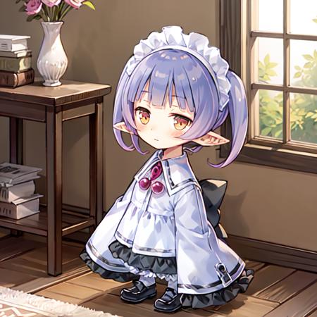 femalechim, 1girl, solo, masterpiece, best quality, pointy ears, maid headdress, purple hair, sleeves past wrists, full body, chibi, indoors,, blush, shoes, bow, jewelry, <lora:chimfemale1a-000014:0.8>