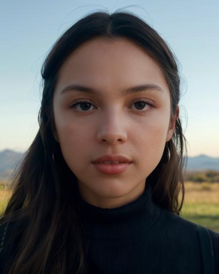 front on closeup portrait of olivrod, looking at viewer, afternoon, blue sky, grass hills, wearing sweater, (masterpiece, extremely detailed skin, dramatic and cinematic lighting, key light, fill light) <lora:olivrod:1>,