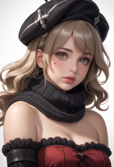 (ultra realistic,32k,RAW photo:1.1), (high detailed skin:1.1), 8k uhd, dslr, high quality, film grain, (makeup, mascara:1.1), lips, (thick\lips\), 
(shiny glossy translucent clothing:1.1), richelieu \(kancolle\), 1girl, solo, hat, breasts, gloves, mole, thighhighs, beret, strapless dress, dress, mole under eye, strapless, heart, mole under mouth, scarf, cleavage, pom pom \(clothes\), multicolored clothes, multicolored scarf, blush, bare shoulders, garter straps, <lora:add_detail:0.8>, (upper body:1.1), 
(looking at viewer, portrait:1.1), 
(chubby:0.1), (radiant:1.1), dark theme ebonheart citadel, shadowy stronghold, mysterious inhabitants, dark enchantments,