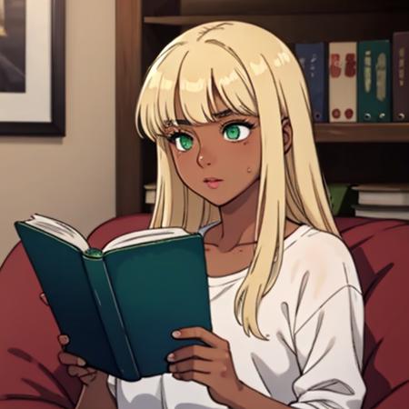 a high quality image of a woman with long blonde hair, blunted bangs, green eyes, and dark skin wearing casual clothing reading a book with a tired look on her face