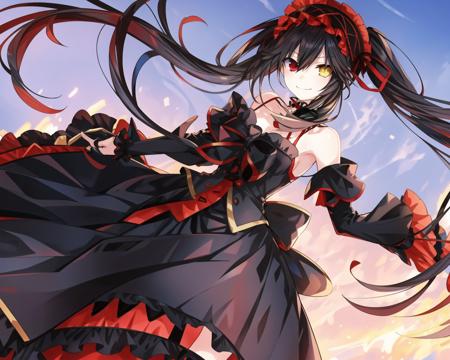 masterpiece, best quality, ((dynamic_angle)),outdoors,

1 girl solo,asymmetrical_twintails,black_hair,red_yellow_heterochromia, clock_eyes,long_hair, gothic_lolita, red_black_dress,lolita_hairband,bare_shoulders,detached_sleeves,choker,glowing_eyes,floating_hair,red_Ruffle,black lace,smile,
(tokisaki_kurumi:0.3)
<lora:kurumi2:0.6>