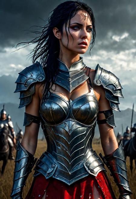Ultra detailed digital art masterpiece beautiful Brett Cooper as Warrior girl dressed in a iron Armor and red mini skirt, Standing on a battlefield at the head of an army of knights, where a bloody slaughter is taking place, standing in battle pose, a dark epic fantasy, perfect lighting, beautiful Warrior girl, attractive woman, elegant, beautiful woman of athletic body, epic shot of the whole Warrior girl, unreal engine 5 nanite quality, dark fantasy, dark environment, very stormy day, LOTR style, dark washed out eyeliner, no make up, natural bloody pale face, pale skin, realistic brown eyes, ultra detailed atmospheric details, beautiful glowing effects, sparkle effects, realistic body proportions, beautiful face proportions, complex masterpiece, wavy raven black hair, creative glowing detailed tattoos, complex physics, enhanced colors, complimentary colors, ultra detailed raytracing reflections, Ultra detailed complex background, environment feels alive, direct eye contact, dramatic lighting, wet and sweaty skin, beautiful firm Breasts, Daylight, Concept art by Greg Rutkowski, adding to the intense and dynamic atmosphere of the scene.