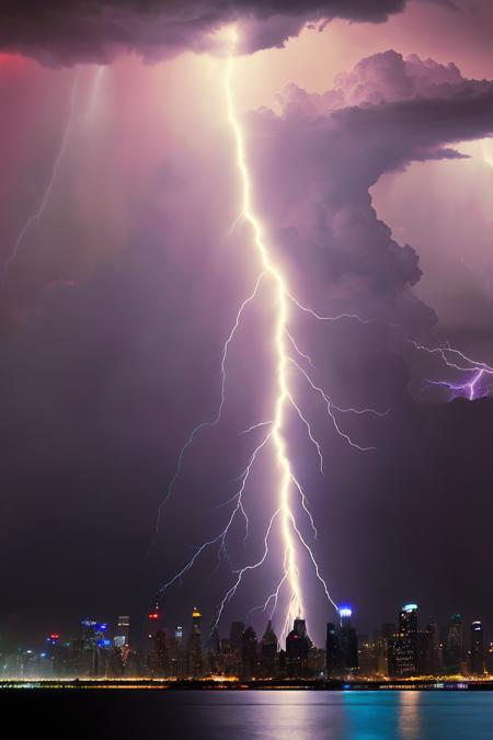 Energetic lightning storm over a city skyline, urban:0.6, dramatic weather:0.7, electrifying scene:0.6, dynamic energy:0.5.  , wallpaper_X