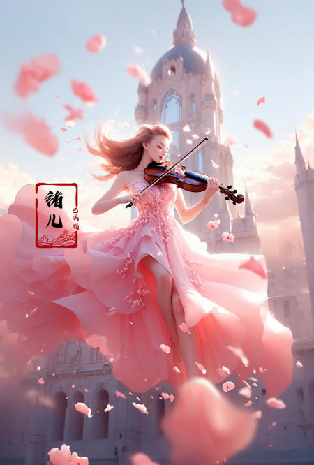 (A girl in a dress is in the air:1.3), playing a violin, (wide shot, wide-angle lens,Panoramic:1.2),super vista, super wide AngleLow Angle shooting, super wide lens, Castle background
violinbare shoulderspetalspink dressfrom belowblurry foreground 
(full body:1.5),(long legs:1.3), 
<lora:~Q?-\ct4 violin:0.8>