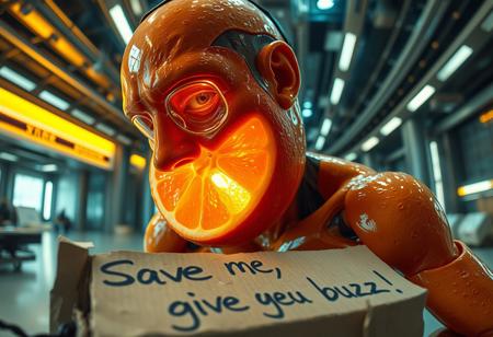 “Plastic Man morphing into an orange, blending human and fruit features with intricate high-technology details. His body exhibits glossy, translucent plastic textures merging seamlessly with the vibrant, textured orange peel. Random, glowing, fancy spots illuminate the scene, resembling futuristic bio-luminescence. A rotten piece of cardboard lies in the foreground, damp and crumpled, with bold, messy handwriting that reads: ‘Save me, give me buzz!’ The setting is an abstract, high-tech environment, filled with mechanical and organic elements. Rendered with cinematic prime lens effects, using a fisheye 12mm perspective for dramatic distortion and dynamic depth, showcasing surrealism with stunning visual clarity.”