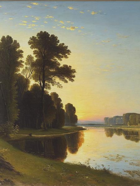 <lyco:Jean-Baptiste-CamilleCorot.zip:1.0> Depict a calm lake surrounded by tall, majestic trees. The sun sets on the horizonreflecting on the still waters, capturing the peacefulness of the scene. William Henry, John Constable, Diego Velzquez, Emil Carlsen, Adolph Menzel, Simon Hollsy, Barbizon school, Jean-Baptiste-Camille Corot, Thodore Rousseau, Jean-Franois Millet, reduced palette, brushwork exploration, brushwork, low resolution, realist detail, realistic impressionism, Renaissance painting, plein-air painting, artwork, classical , ultra-fine details, highly-detialed, fine art