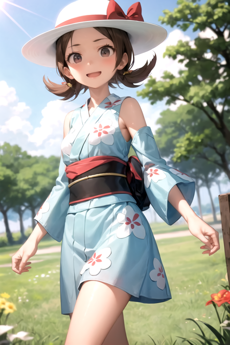 masterpiece, best quality, <lora:LyraSummerV2:0.7>, lyra \(pokemon\), blue kimono, red obi, detached sleeves, white sun hat, bow, :d, outdoors, field, summer, cowboy shot, floral print,