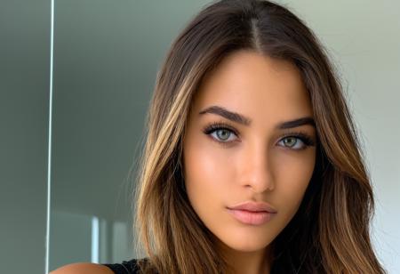 fteigtsloft 1girl solo realistic looking at viewer, cowboy shot 24 year old, hair, breasts, eyes, best quality, RAW photo, subject, 8k uhd, high quality, photorealistic, mogul, Reflection shot <lora:fteigtsloXLrd:0.7>