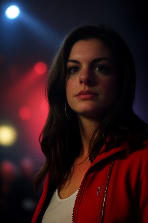 A real photo of Ann3H4thaway, a beautiful woman, Havoc, in a red zip up hoodie and black tanktop, in a nightclub, serious,...