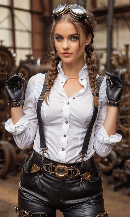 cinematic still 1girl, sky blue eyes, long hair with highlights, loose hair, makeup, one braid, swept bangs, jewelry, earrings, small breasts, (white shirt, black leather shortpants, suspenders, long black leather gloves, thighhighs, harness, garther belt, steampunk goggles on head), sassy pose, from side, looking at viewer, smirk, steampunk, gears, factory, fantasy, best quality, masterpiece, highres, fullbody . emotional, harmonious, vignette, 4k epic detailed, shot on kodak, 35mm photo, sharp focus, high budget, cinemascope, moody, epic, gorgeous, film grain, grainy, steampunk style 1girl, sky blue eyes, long hair with highlights, loose hair, makeup, one braid, swept bangs, jewelry, earrings, small breasts, (white shirt, black leather shortpants, suspenders, long black leather gloves, thighhighs, harness, garther belt, steampunk goggles on head), sassy pose, from side, looking at viewer, smirk, steampunk, gears, factory, fantasy, best quality, masterpiece, highres, fullbody . antique, mechanical, brass and copper tones, gears, intricate, detailed, Steampunk, 1girl, sky blue eyes, long hair with highlights, loose hair, makeup, one braid, swept bangs, jewelry, earrings, small breasts, (white shirt, black leather shortpants, suspenders, long black leather gloves, thighhighs, harness, garther belt, steampunk goggles on head), sassy pose, from side, looking at viewer, smirk, steampunk, gears, factory, fantasy, best quality, masterpiece, highres, fullbody, retrofuturistic science fantasy, steam-powered tech, vintage industry, gears, neo-victorian, steampunk, 1girl, sky blue eyes, long hair with highlights, loose hair, makeup, one braid, swept bangs, jewelry, earrings, small breasts, (white shirt, black leather shortpants, suspenders, long black leather gloves, thighhighs, harness, garther belt, steampunk goggles on head), sassy pose, from side, looking at viewer, smirk, steampunk, gears, factory, fantasy, best quality, masterpiece, highres, fullbody, cinematic, stunning, highly detailed, very beautiful, symmetry, fine, perfect, coherent, sharp focus, complex, elegant, brilliant, artistic, intricate, amazing detail, fancy, color, illuminated, extremely enhanced, glowing, deep bright colors