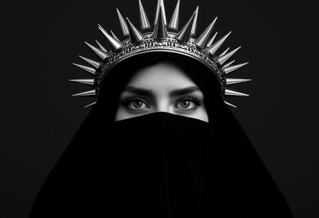 symmetrical front view of a lady in black veils her face and has a large silver spiked crown, in the style of celestial fashion, otherworldly beauty, davide sorrenti, celestial punk, album covers, fra angelico, aykut aydogdu, queencore, golden age aesthetics, black and white photography