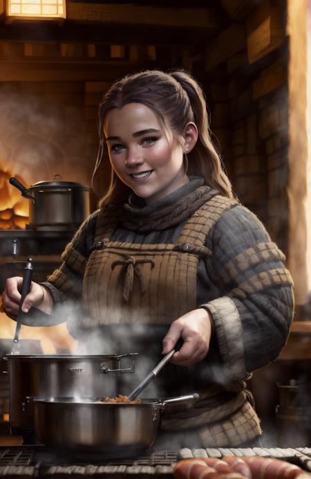 award winning portrait photo of a young viking woman cooking in a medieval kitchen, open fireplace, (roast pig on a spit:1.2), smile, joking, (backlighting:1.3), digital painting, concept art, smooth, sharp focus, rule of thirds, dark fantasy,intricate details, wide shot, style-kitchen background