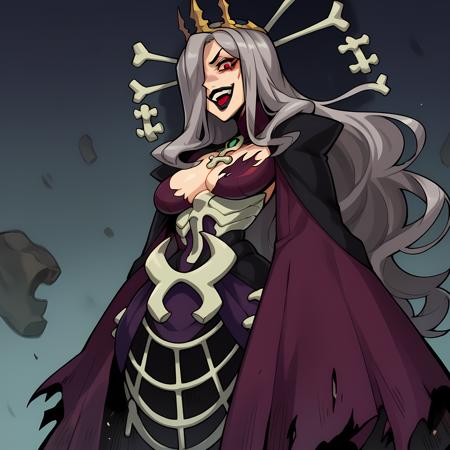 QueenNancy long hair, hair over one eye, black hair, crown, purple dress long hair, hair over one eye,red eyes, grey hair, bone crown,torn purple dress,black lipstick,