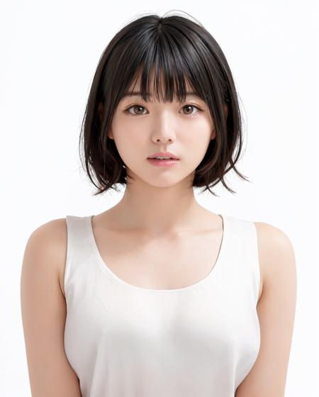 best quality, photorealistic, 8k, high res, 1girl, woman, (skindentation), (portrait:0.6), gorgeous, ((whitebackground:2.1)), ((smallsize round breast, sleeveless white tshirt:1.98)), straight-looking at viewer:1.8, (1girl eyes looking at viewer, medium-length hair,  brownhair, partedbangs:1.65), photorealistic, (bokeh), (closed mouth:1.46), gorgeous, pureerosface_v1,  <lora:GRAV-hazuki:0.75>