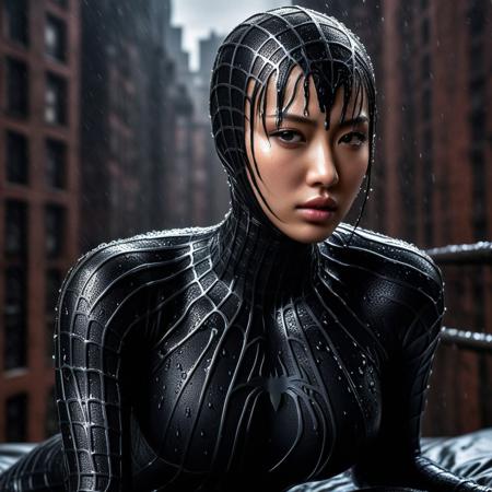 score_9, score_8_up, score_7_up, best quality, realistic, masterpiece, beautiful detail, hyperrealistic, rainy scenery, ((1girl, woman body, big breasts)), amazing detailed full body of a beautiful korean girl, wearing a realistic and highly detailed black raimi spider-man suit, ((huge muscular girl)), professional model wears ultra - detailed black raimi spider - man suit, ultra - detailed and grained black raimi spiderman suit, suit covered entire body and hand, black spiderman gloves, wet, (lying, bed), (dirty skin), close up, octane render, highly detailed, volumetric, dramatic lighting, (highest quality:1.1), (HDR:1.3), (top quality, best quality), realistic, high definition,