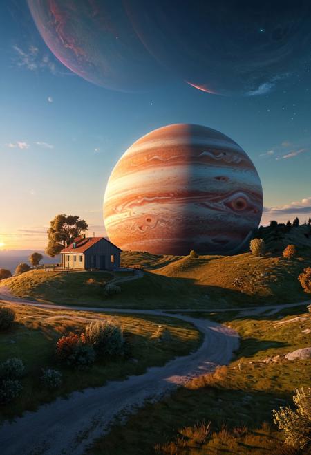 a serene landscape with a singular building at sunrise with a giant jupiter appearing in the sky, digital art, concept art, octane render, unreal engine 5, hyperrealistic, highly detailed, high quality, 4K, low contrast, soft lighting, path tracing, complementary colors, natural lighting, geometric <lora:add-detail-xl:0.7>, <lora:xl_more_art-full_v1:0.7>